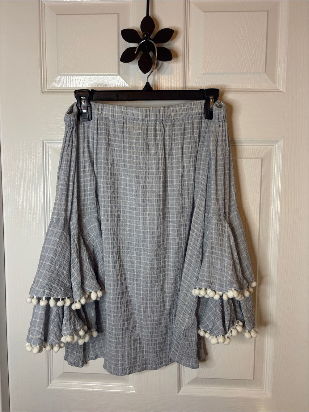 Cupio Ice Blue Pom-Pom Tiered 3/4 Sleeve Off-Shoulder Top Size Lg NWOT